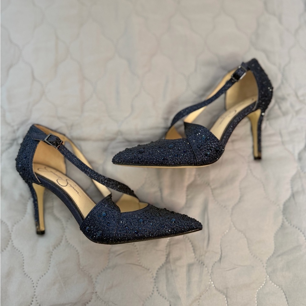 Jessica Simpson Navy Blue Sparkle Pointed-Toe Ankle-Strap Heels